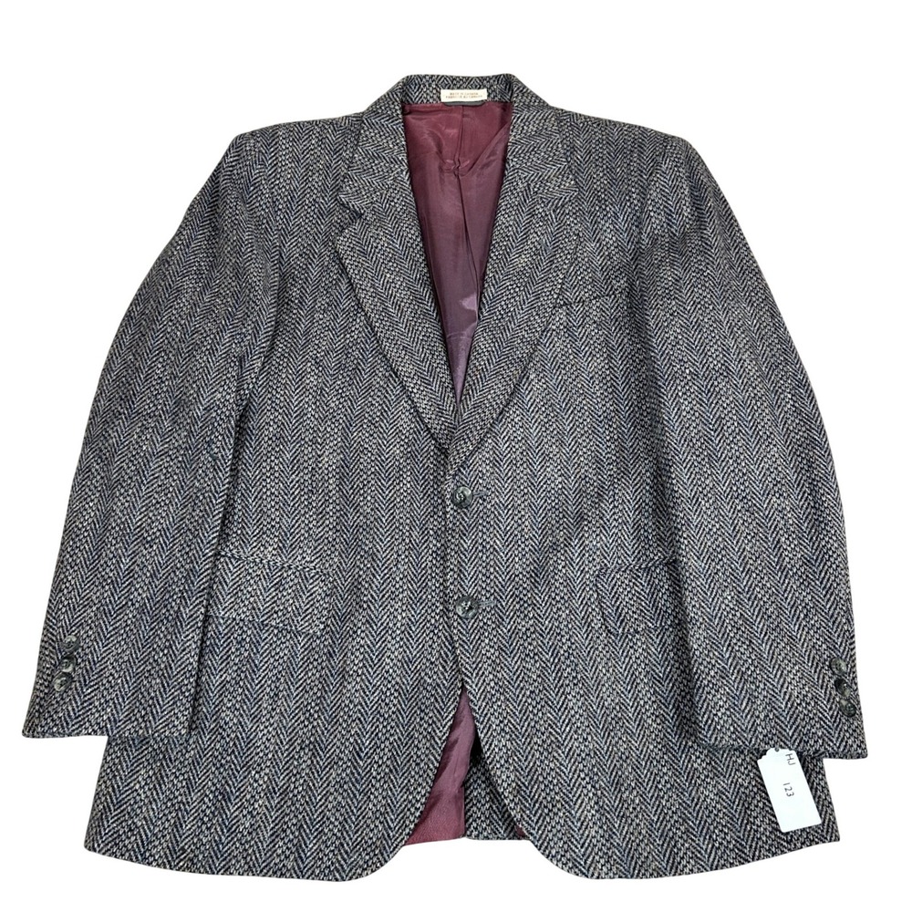 Wm‎ H Leishman Mens Blue Gray Herringbone Wool Blazer Sport Coat Made in Canada